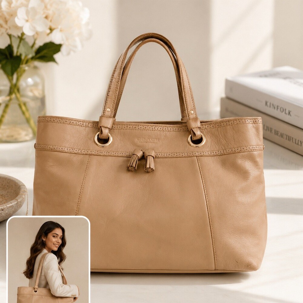 kate spade new york leather Tote Bag Womens Beige Tassel Detail Floral Lining